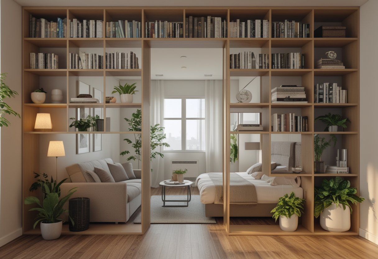 24 Stunning Studio Apartment Layouts: Clever Space Saving Ideas For Small Homes 6 studio apartment layouts floor to ceiling bookshelf dividing living area bedroom sofa bed large windows natural light