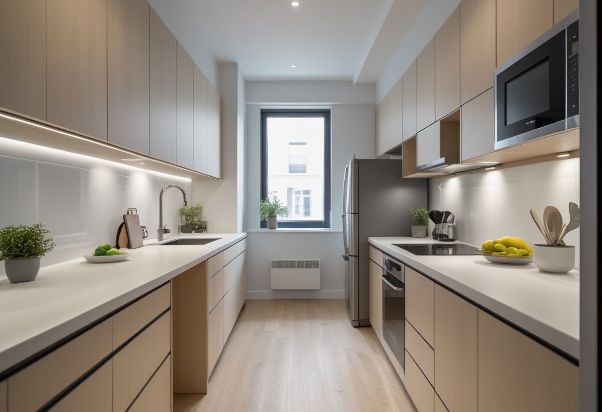 24 Stunning Studio Apartment Layouts: Clever Space Saving Ideas For Small Homes 9 galley kitchen this option narrow parallel countertops modern appliances natural light window efficient cooking