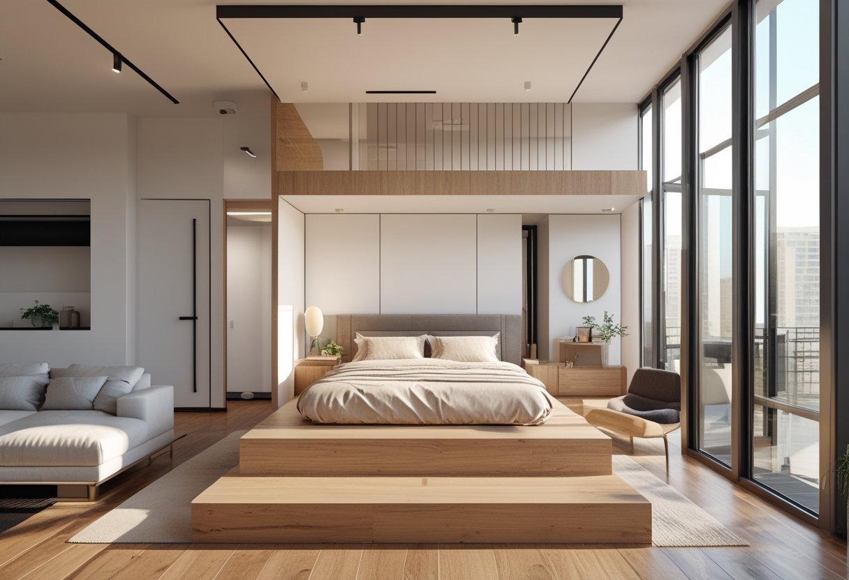 24 Stunning Studio Apartment Layouts: Clever Space Saving Ideas For Small Homes 12 this configuration raised platform bedroom zone adjacent living space separation privacy airy open