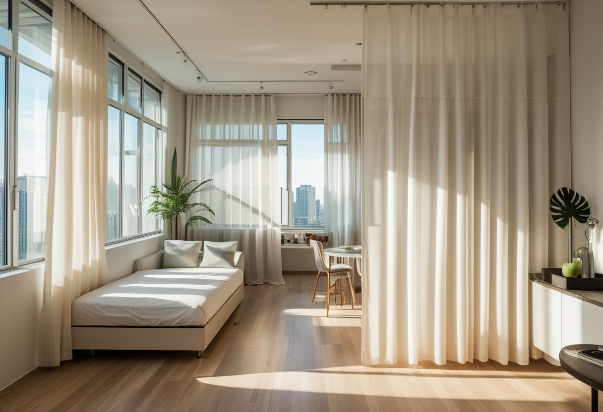 24 Stunning Studio Apartment Layouts: Clever Space Saving Ideas For Small Homes 15 this design curtains flexible soft partitions bed sofa dining table kitchen one open space bright