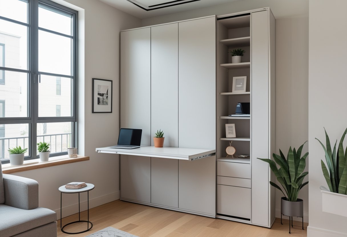 24 Stunning Studio Apartment Layouts: Clever Space Saving Ideas For Small Homes 16 this design murphy desk folding into wall sofa coffee table large windows natural light workspace