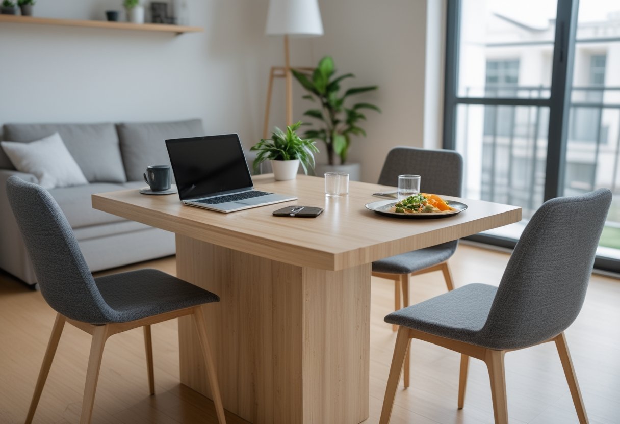 24 Stunning Studio Apartment Layouts: Clever Space Saving Ideas For Small Homes 18 this design multipurpose island workspace dining laptop dining chairs cozy living space background