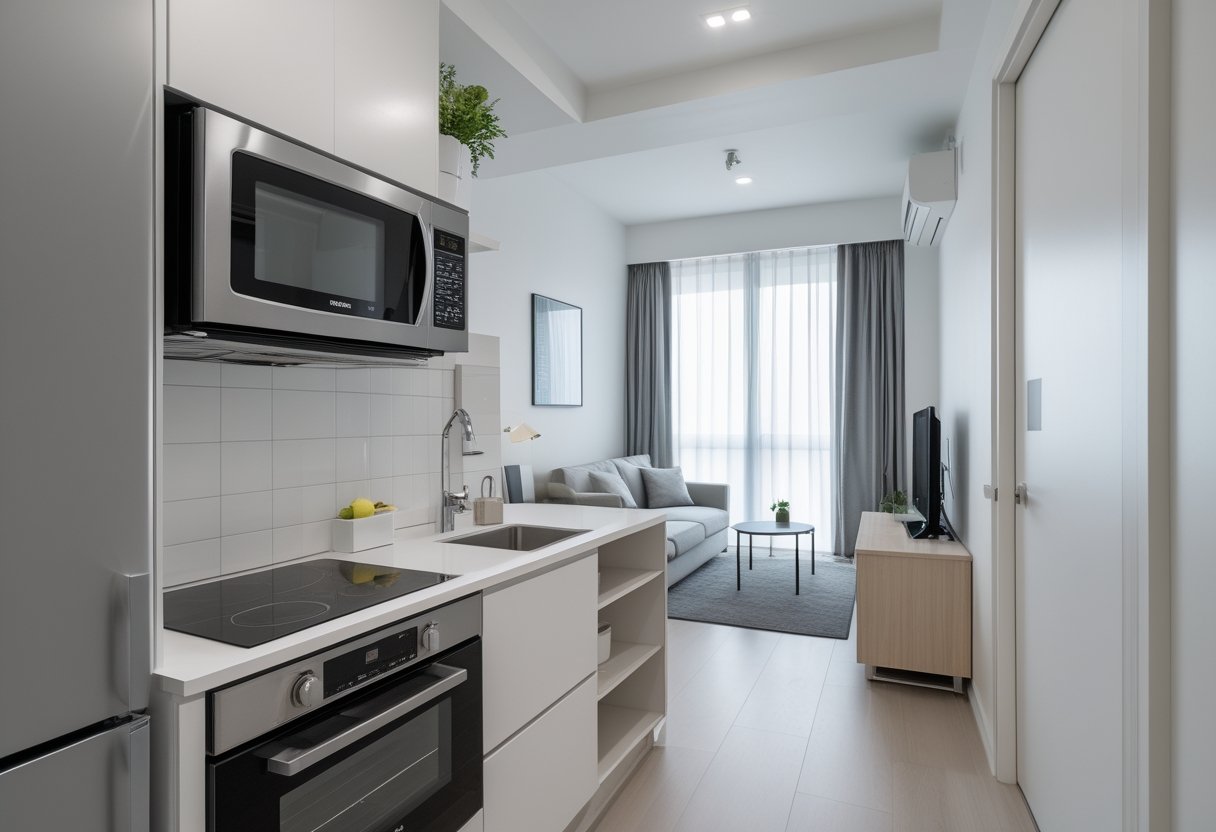 24 Stunning Studio Apartment Layouts: Clever Space Saving Ideas For Small Homes 19 this approach compact kitchenette stackable appliances efficiently arranged minimal footprint smart storage