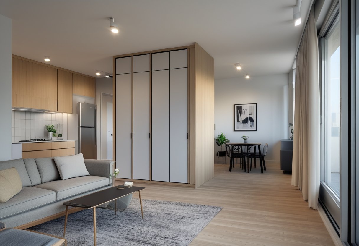 24 Stunning Studio Apartment Layouts: Clever Space Saving Ideas For Small Homes 20 this approach central wardrobe island dividing living area dining nook kitchenette zones open airy