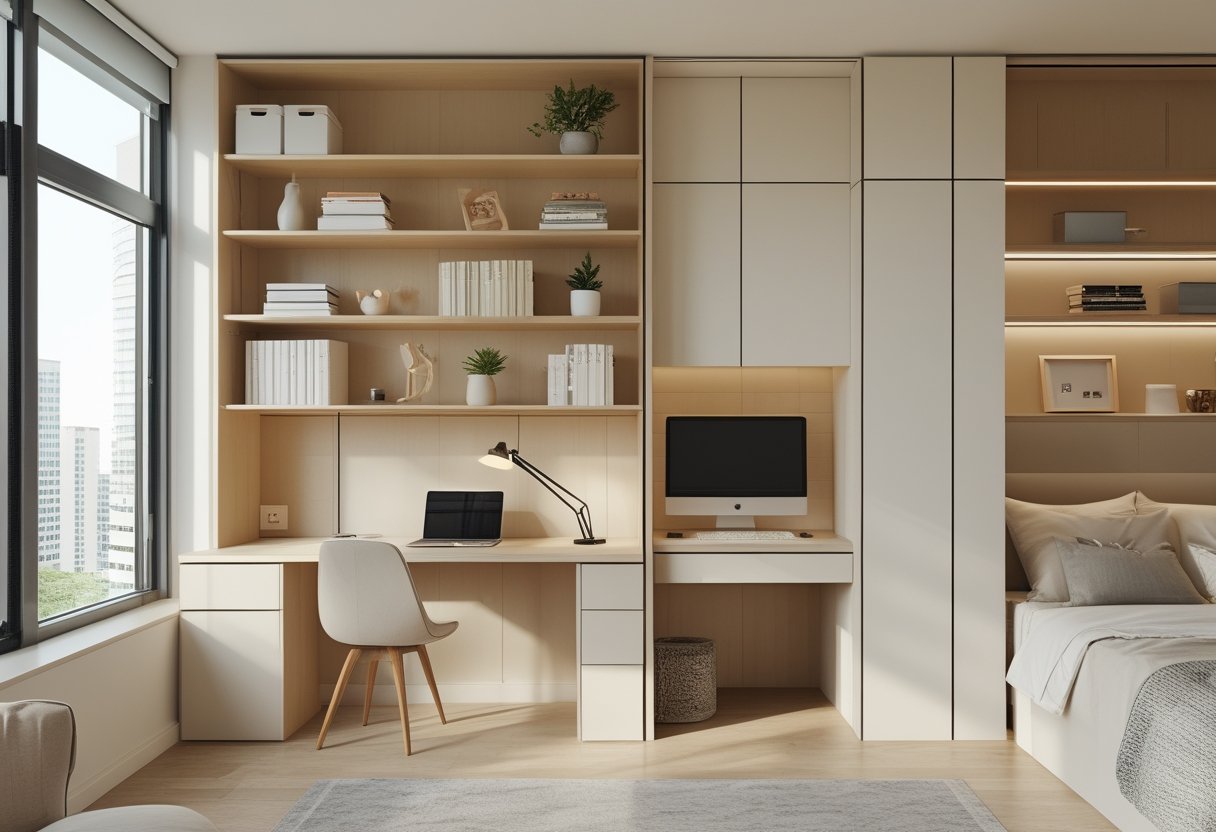 24 Stunning Studio Apartment Layouts: Clever Space Saving Ideas For Small Homes 21 the studio wooden room divider shelves desk separating living area sofa sleeping bed natural light