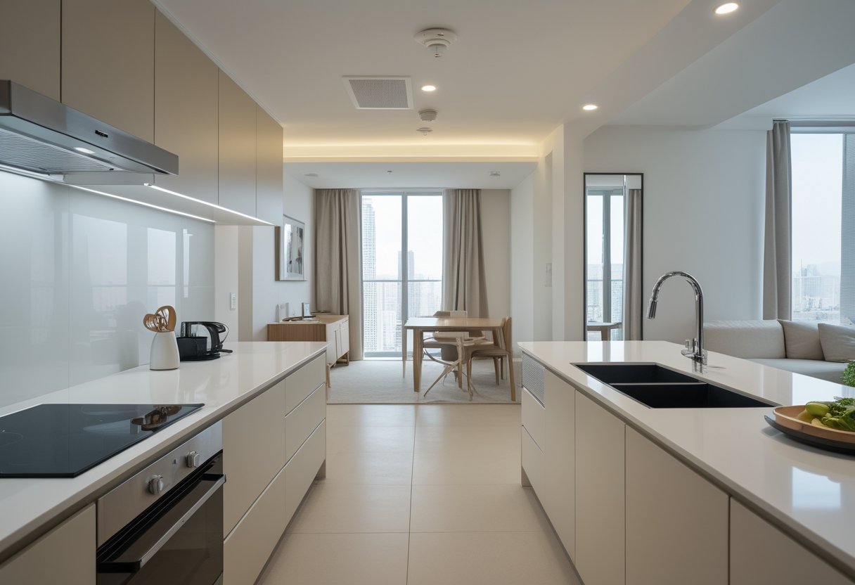 24 Stunning Studio Apartment Layouts: Clever Space Saving Ideas For Small Homes 22 U shaped kitchen this solution three sided cooking area counters appliances efficient small living area