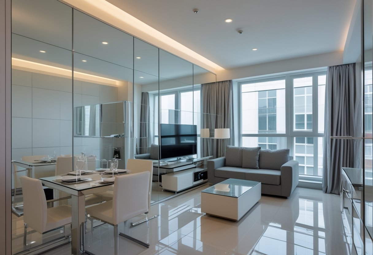 24 Stunning Studio Apartment Layouts: Clever Space Saving Ideas For Small Homes 24 this solution mirrors reflective surfaces appear larger sofa dining table kitchenette bright open spacious