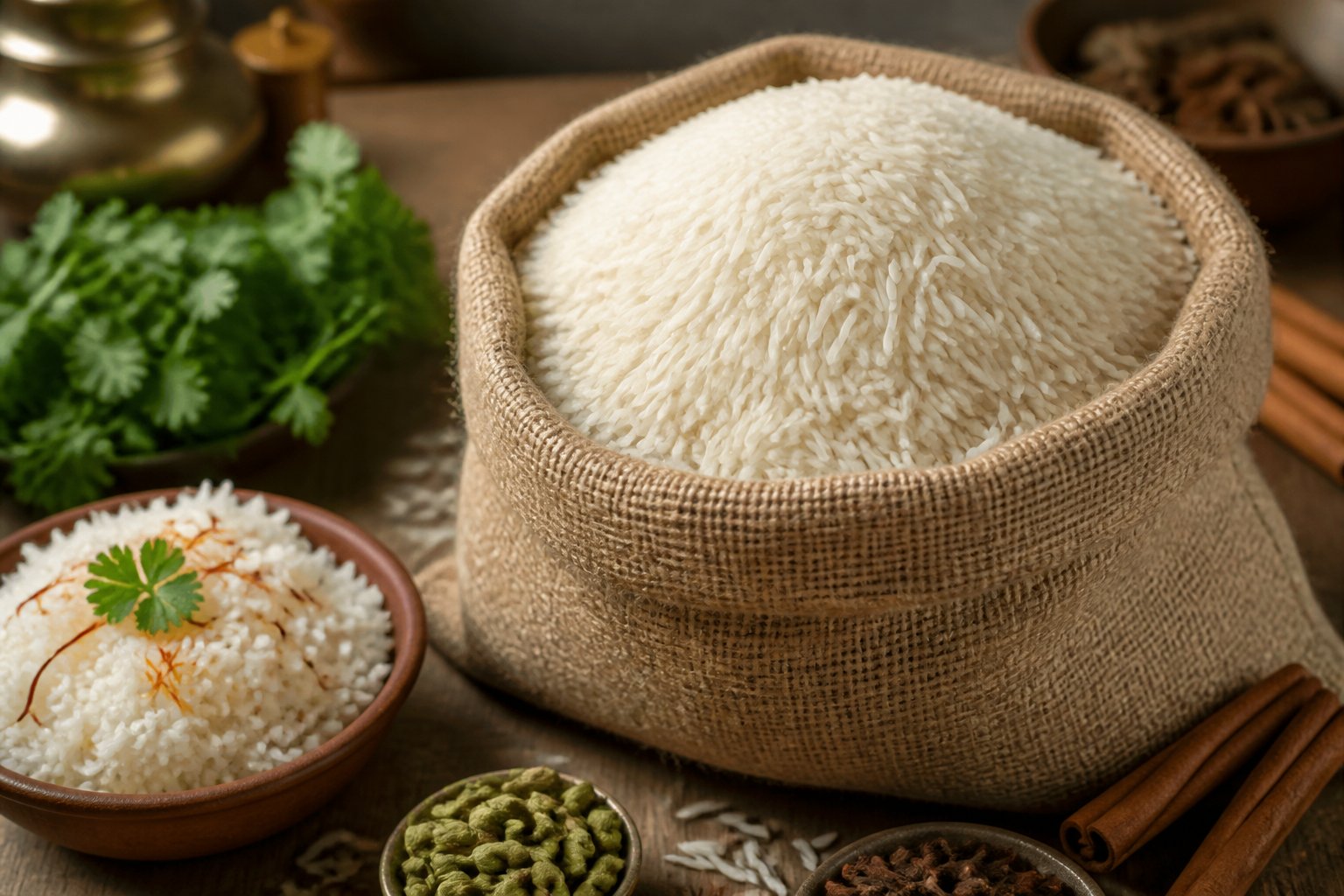 A sack of Kalar Tract Basmati rice on a wooden table surrounded by spices, herbs, and a bowl of cooked rice.