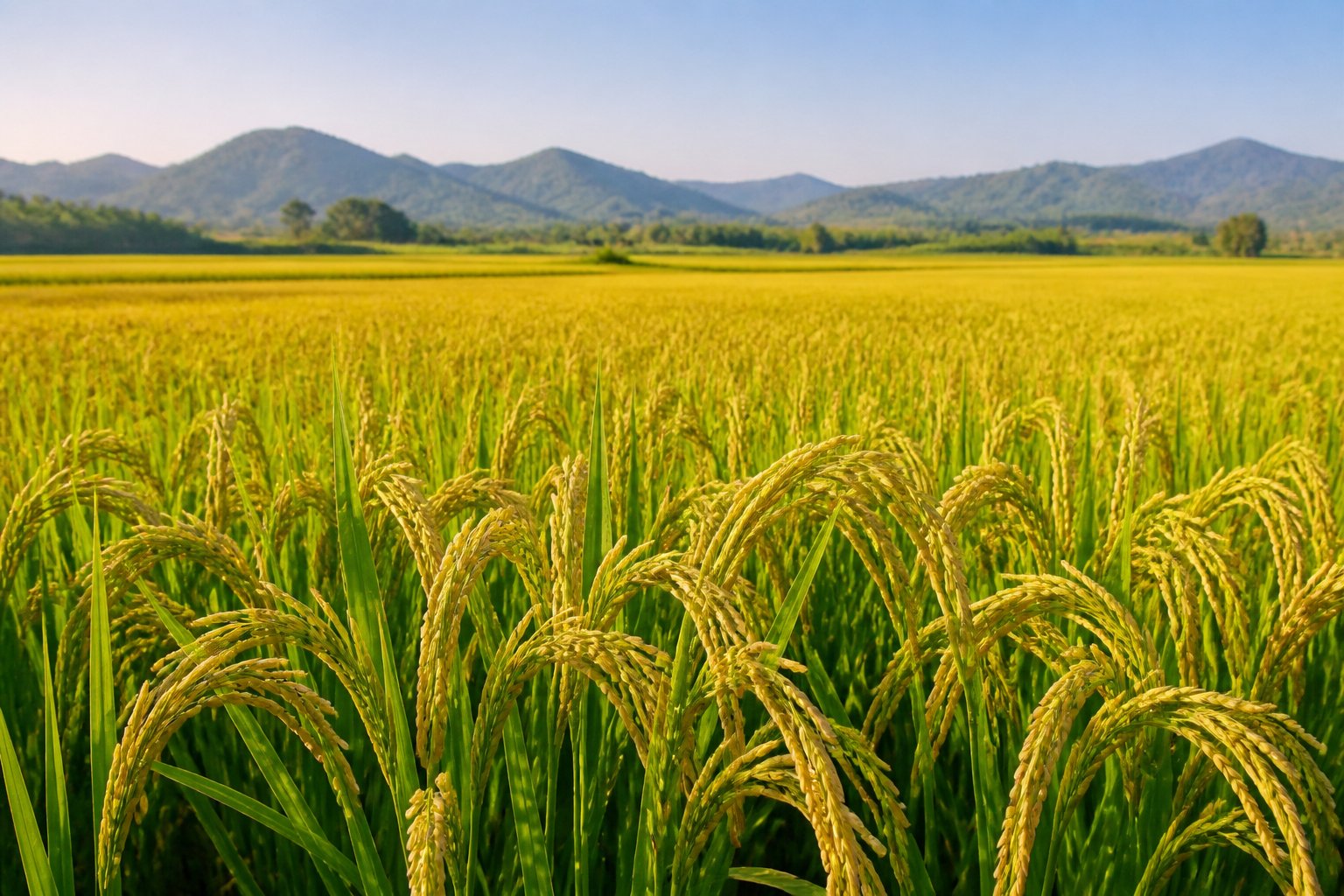 Expansive golden rice fields of Kalar Tract with green plants and rolling hills under a clear blue sky.