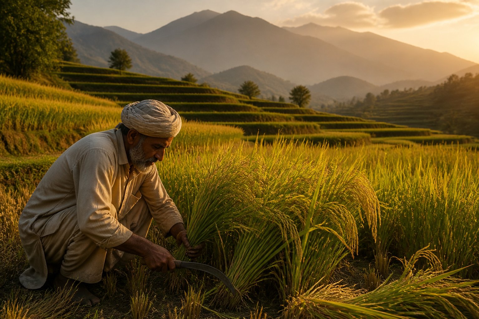 A farmer harvesting rice in green terraced fields with mountains in the background during sunset.