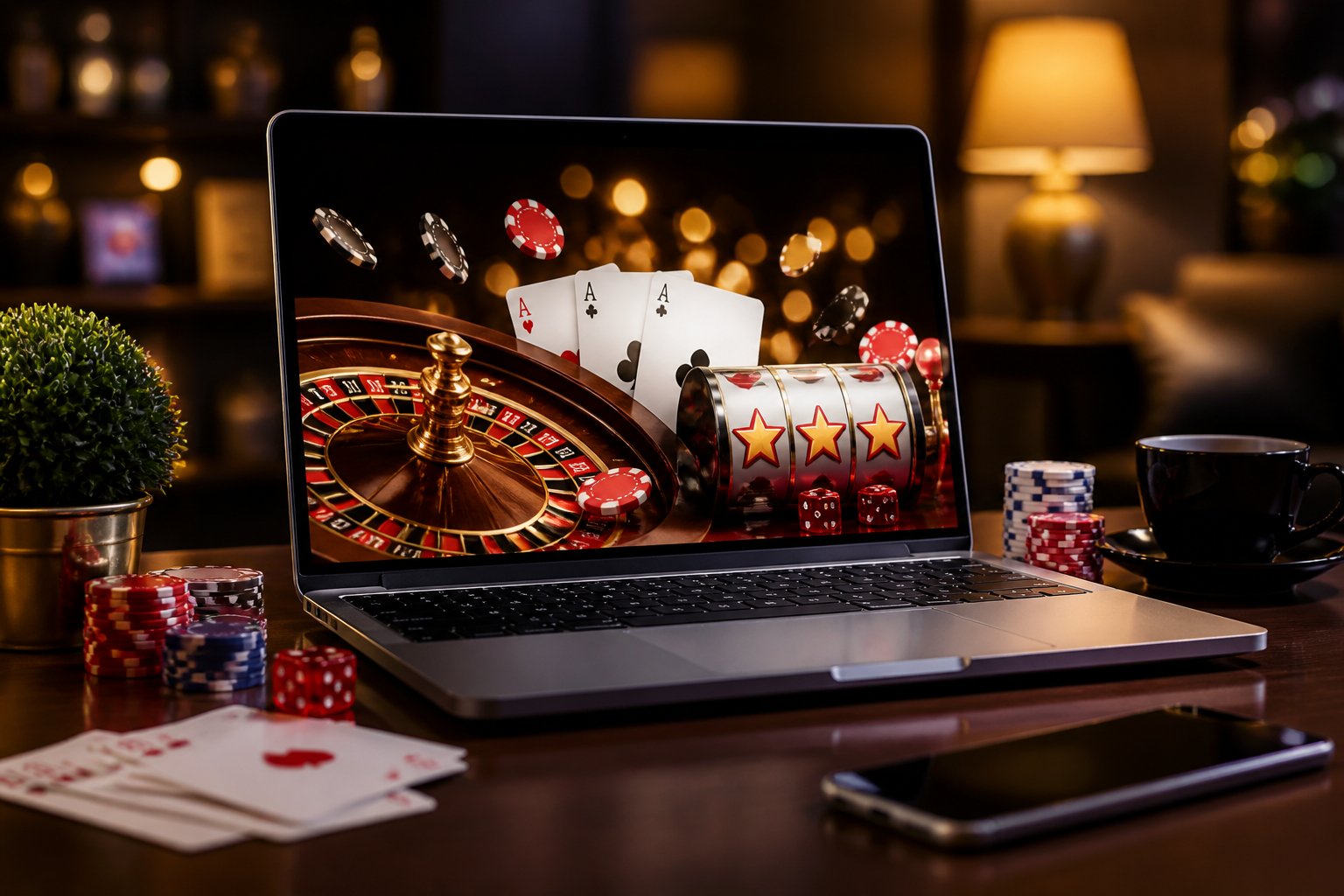 A laptop on a desk showing colorful casino game graphics with poker chips, dice, and playing cards nearby.