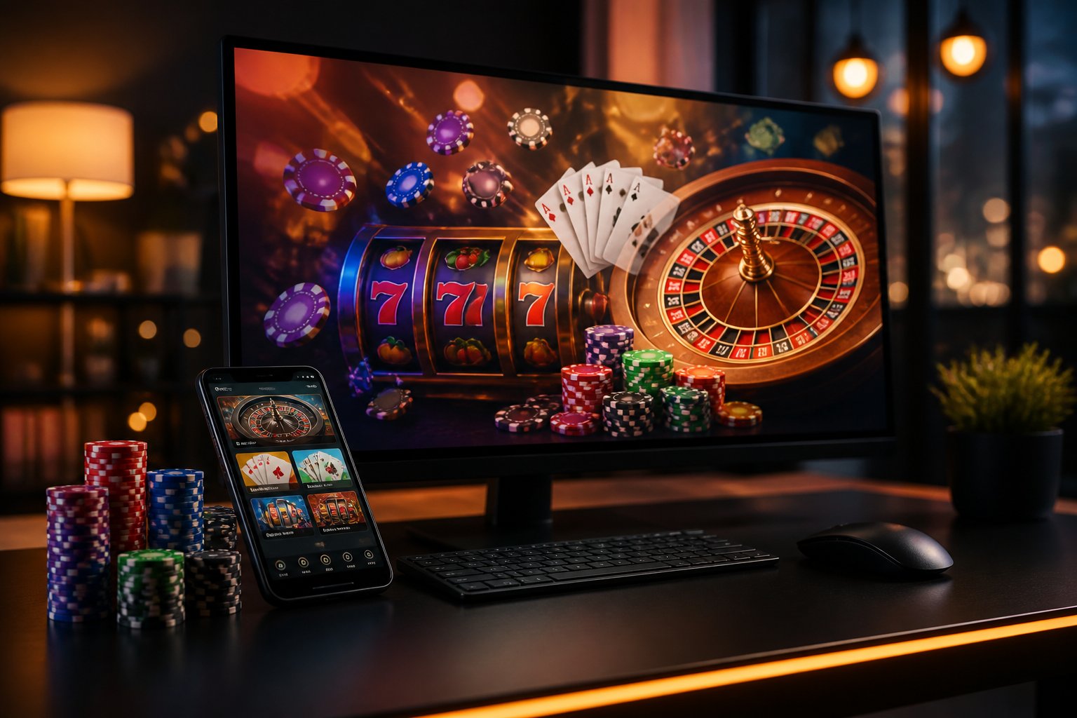 A modern computer desk with a widescreen monitor showing colorful casino game graphics, casino chips, a mouse, and a smartphone displaying a casino app.
