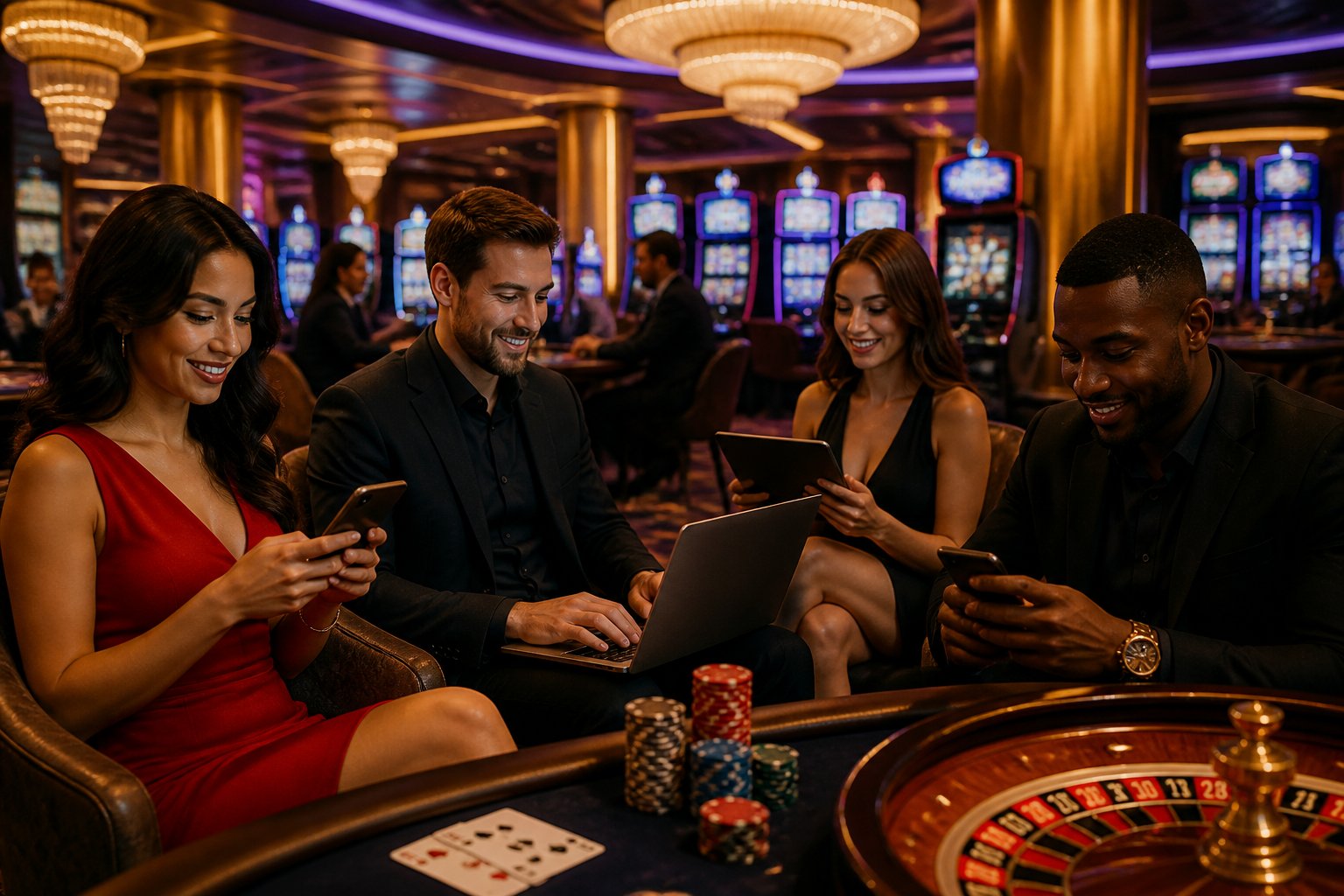 People playing online casino games on laptops and mobile devices in a modern casino lounge with gaming machines and casino elements in the background.