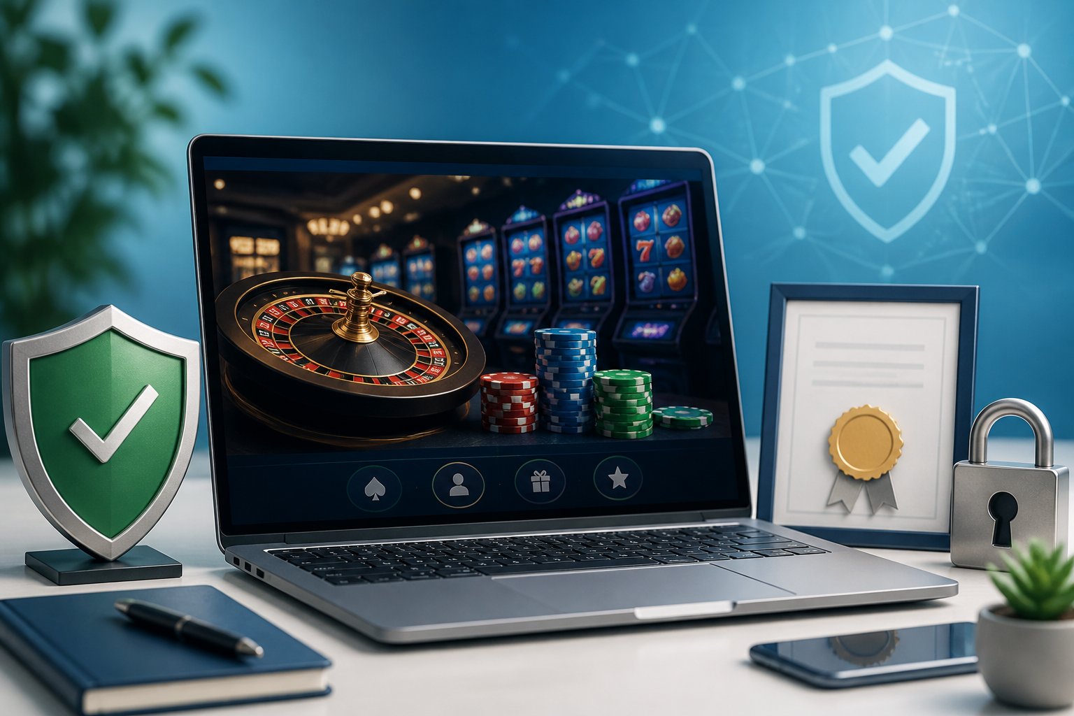 A laptop on a desk showing a secure online casino interface with icons of a shield, certificate, and padlock around it, symbolizing licensing and safety.