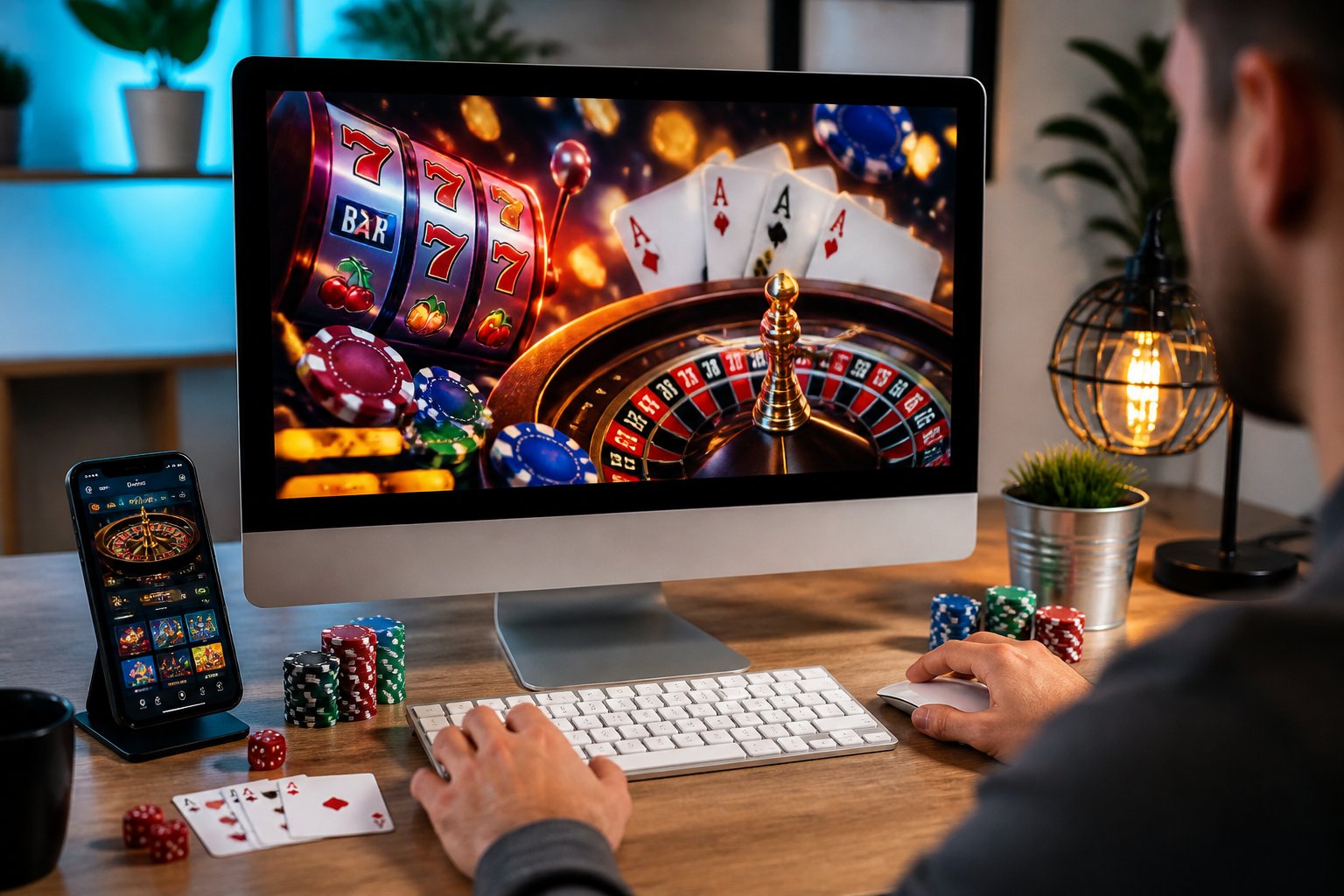 Hands using a computer to play online casino games with casino chips and playing cards on a desk.