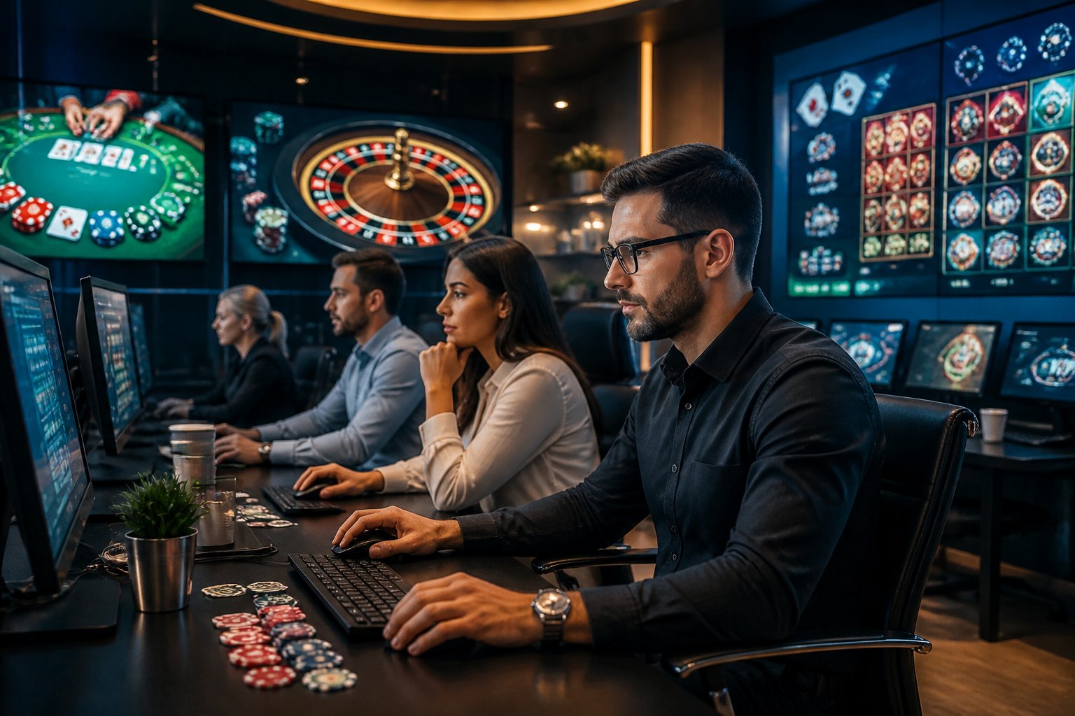 People playing online casino games on computers in a modern workspace with casino-themed elements.