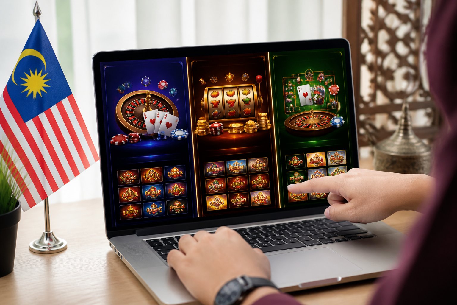 A person comparing multiple online casino websites on a laptop with Malaysian cultural elements in the background.