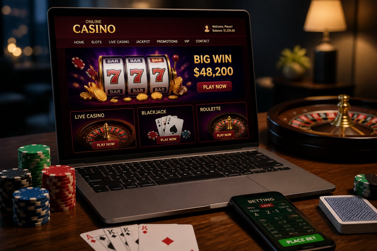 A laptop on a wooden table showing an online casino game with casino chips, playing cards, and a smartphone nearby.