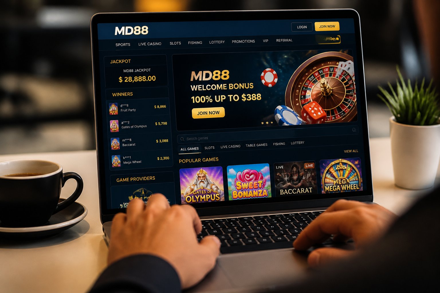 Person using a laptop displaying an online casino game with slot machines and card games on the screen.