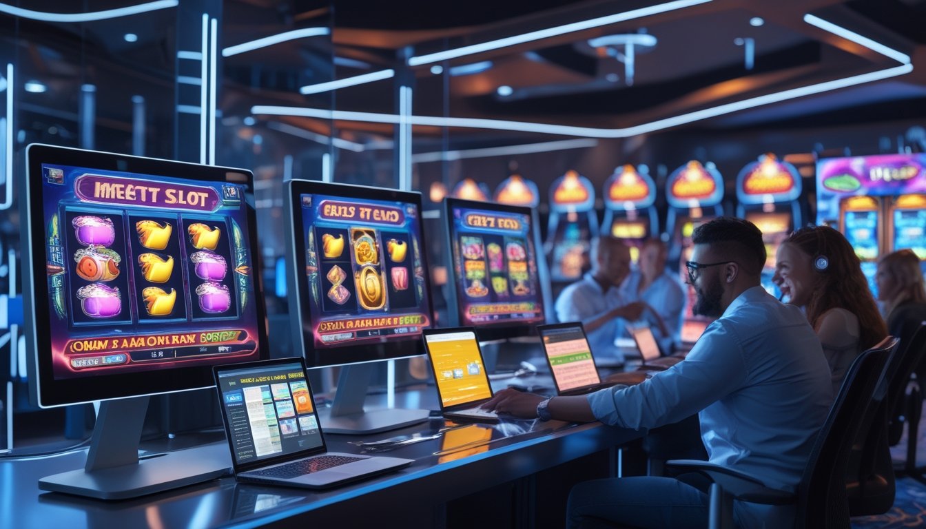 Orang-orang sedang bermain mesin slot online di ruangan modern dengan layar berwarna cerah dan suasana penuh semangat.