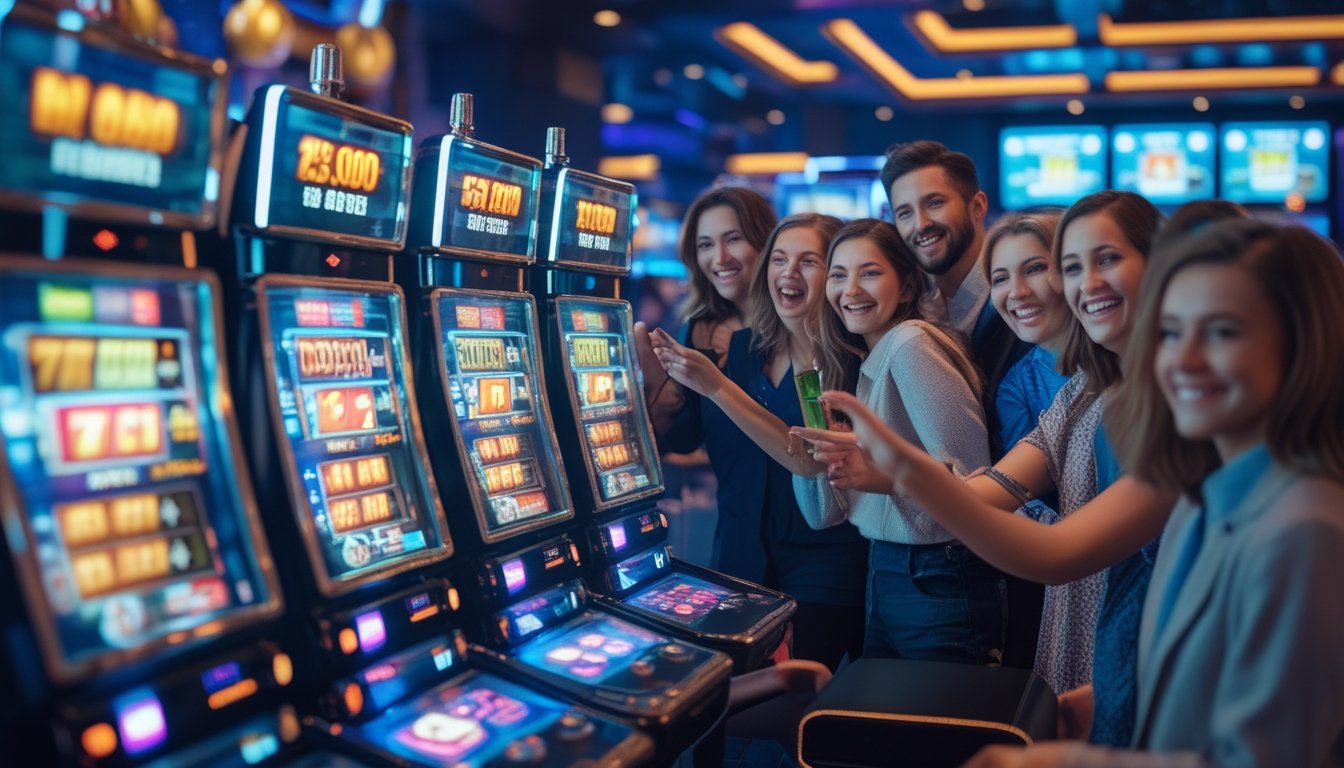 Orang-orang senang merayakan kemenangan di kasino digital dengan mesin slot futuristik dan layar holografik.