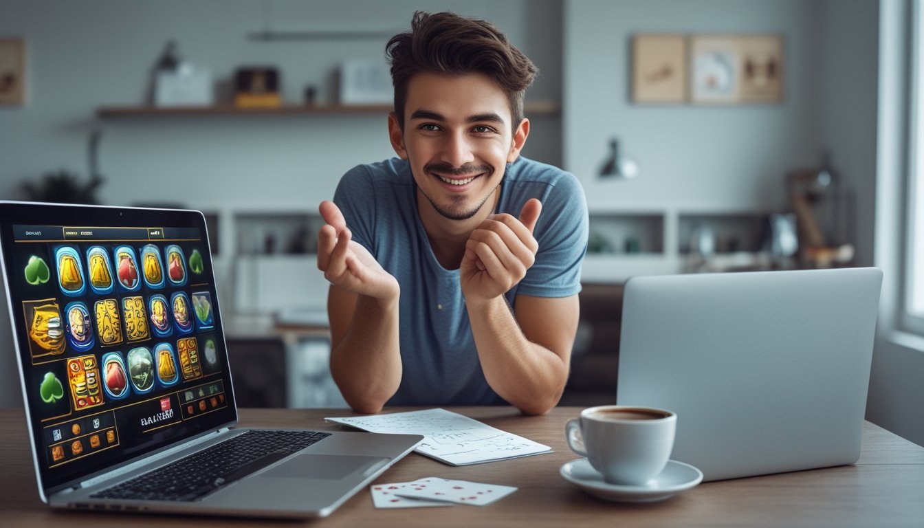 Seorang pemula yang antusias belajar tentang permainan slot di ruang kerja yang rapi dengan laptop, catatan, dan secangkir kopi.