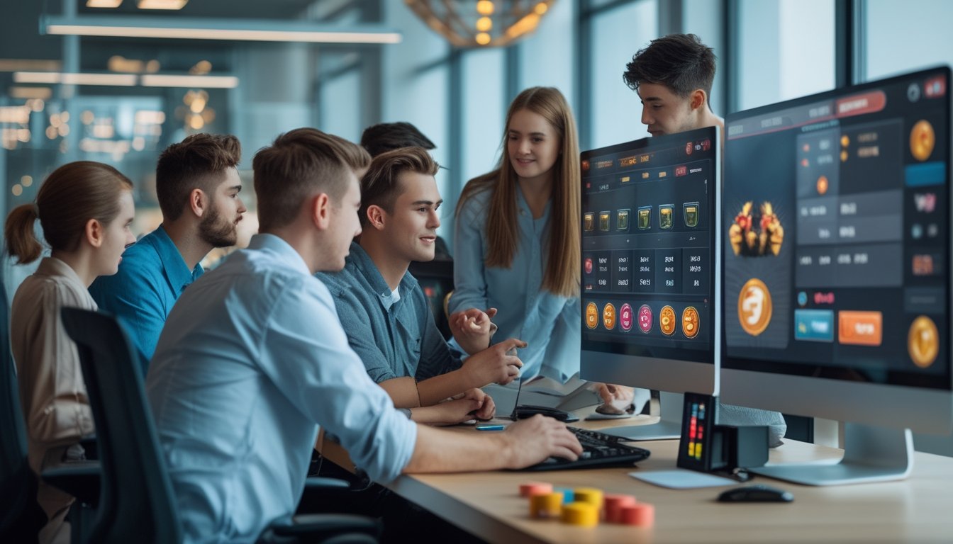 Sekelompok orang muda sedang bekerja bersama di kantor dengan beberapa layar komputer yang menampilkan data dan permainan slot online.