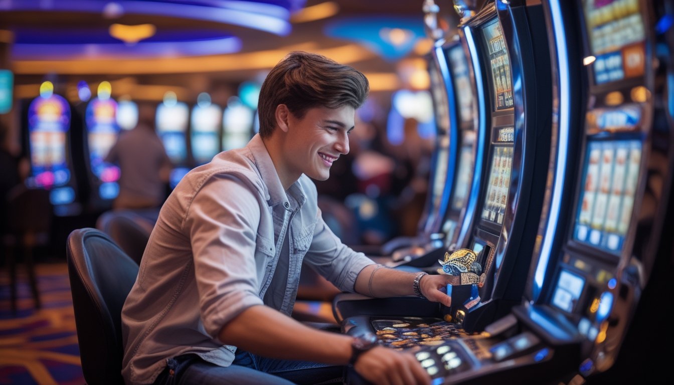 Seorang pria muda duduk di depan mesin slot di kasino, tersenyum dan terlihat senang saat mendapatkan jackpot besar.