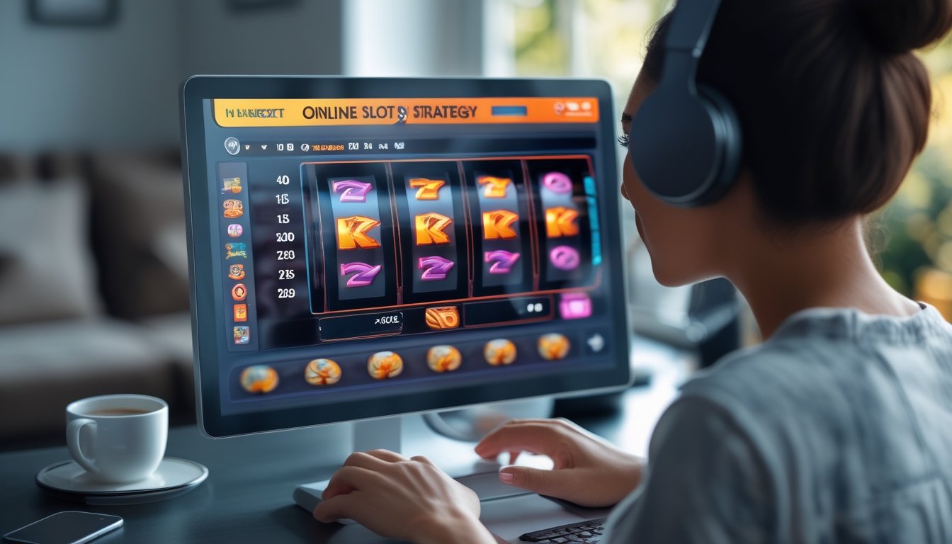 Seorang pemain dewasa sedang bermain permainan slot online di komputer dengan tampilan layar penuh warna di lingkungan rumah yang nyaman.