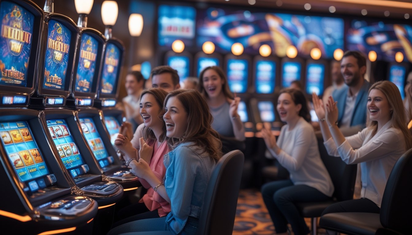 Orang-orang bermain mesin slot di dalam kasino yang modern dan terang dengan suasana yang penuh semangat.