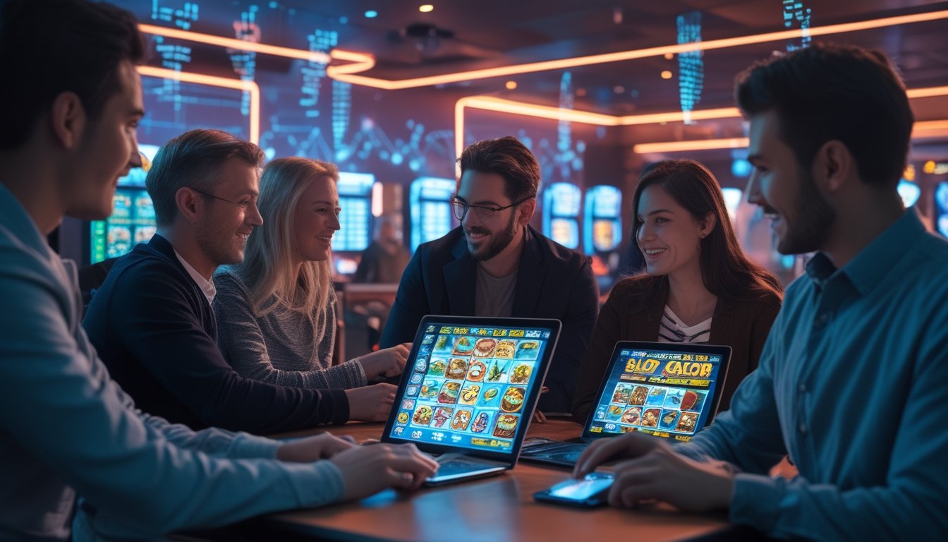 Beberapa orang menggunakan laptop dan ponsel untuk bermain mesin slot online di sebuah ruang permainan modern dengan lampu neon.