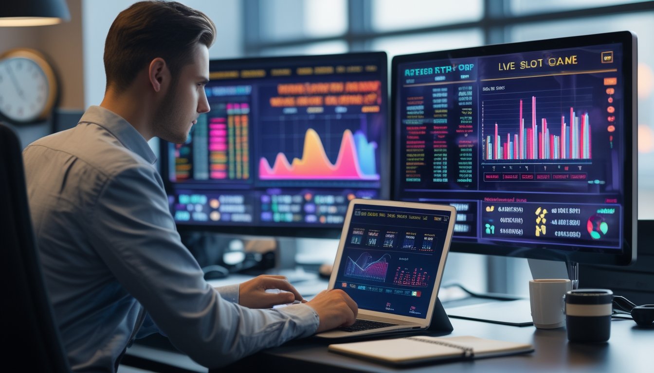 Seorang pria muda sedang menganalisis data permainan slot langsung di depan beberapa layar komputer di sebuah kantor modern.