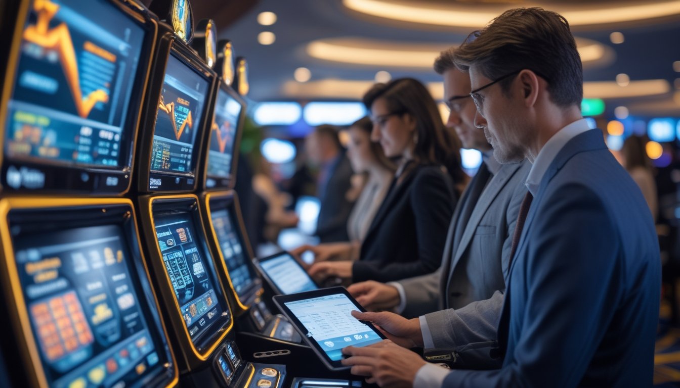Orang-orang sedang fokus bermain mesin slot di kasino dengan layar yang menampilkan grafik dan data statistik.