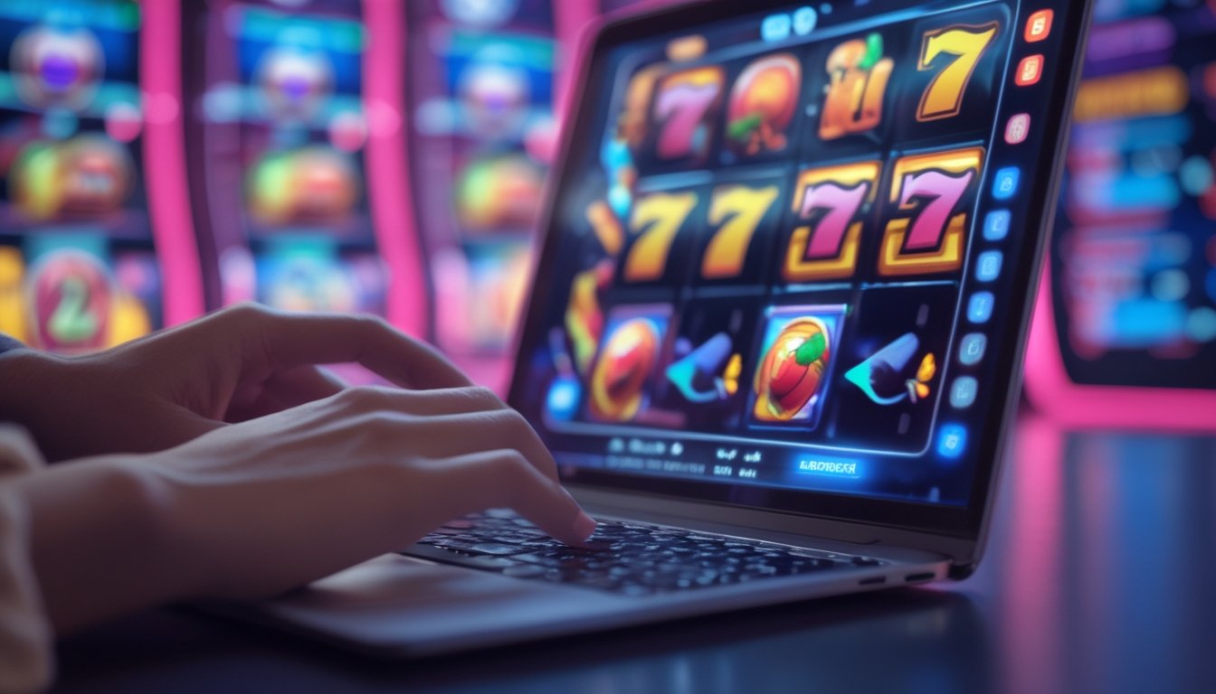 Seseorang menggunakan ponsel dengan tampilan permainan slot online berwarna-warni di layar.