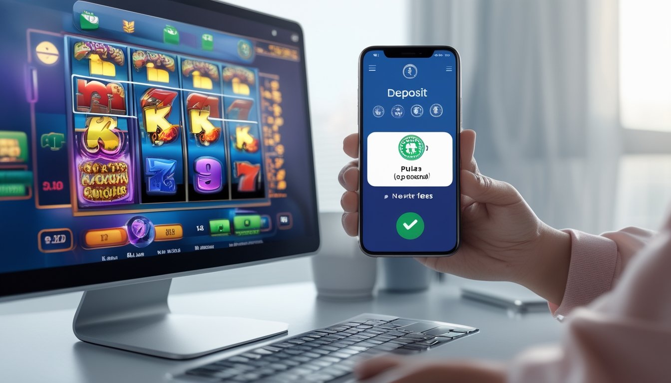 Seorang pengguna sedang menggunakan laptop dan ponsel untuk bermain slot online dan melakukan deposit pulsa tanpa potongan.