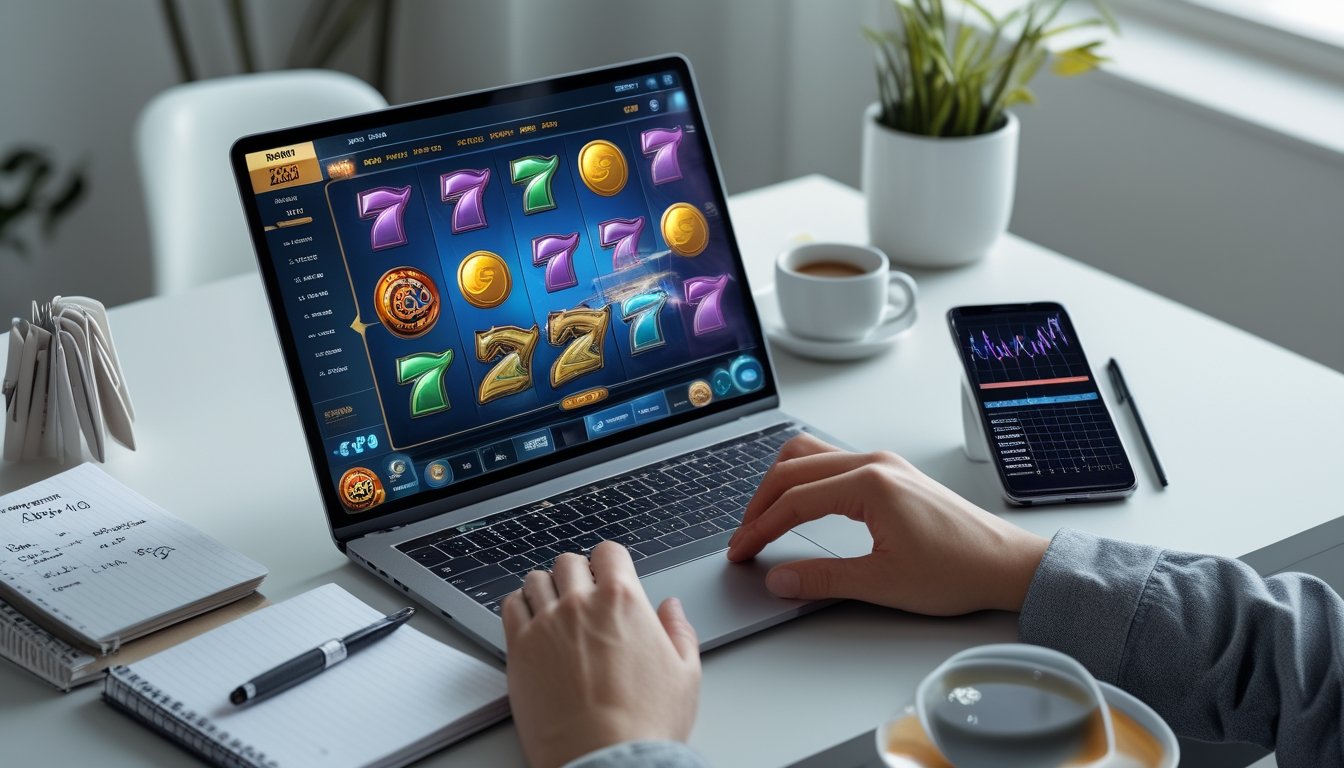 Meja kerja dengan laptop yang menampilkan permainan slot, buku catatan dengan tulisan tangan, dan ponsel dengan grafik keuangan, menunjukkan pengaturan modal saat bermain slot online.
