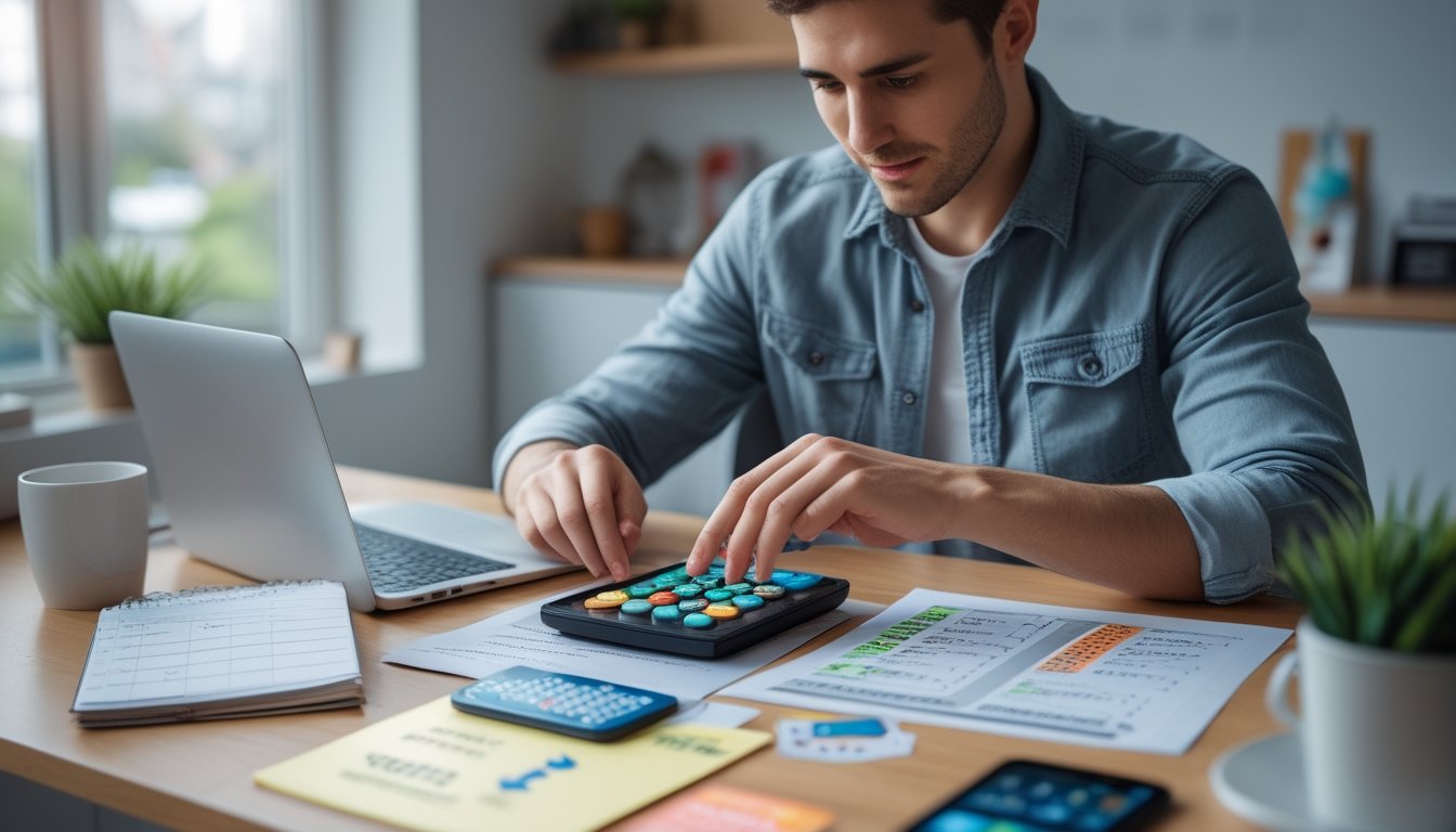 Seorang pria muda duduk di meja modern sambil mengatur keuangan dan bermain permainan slot online di laptop.