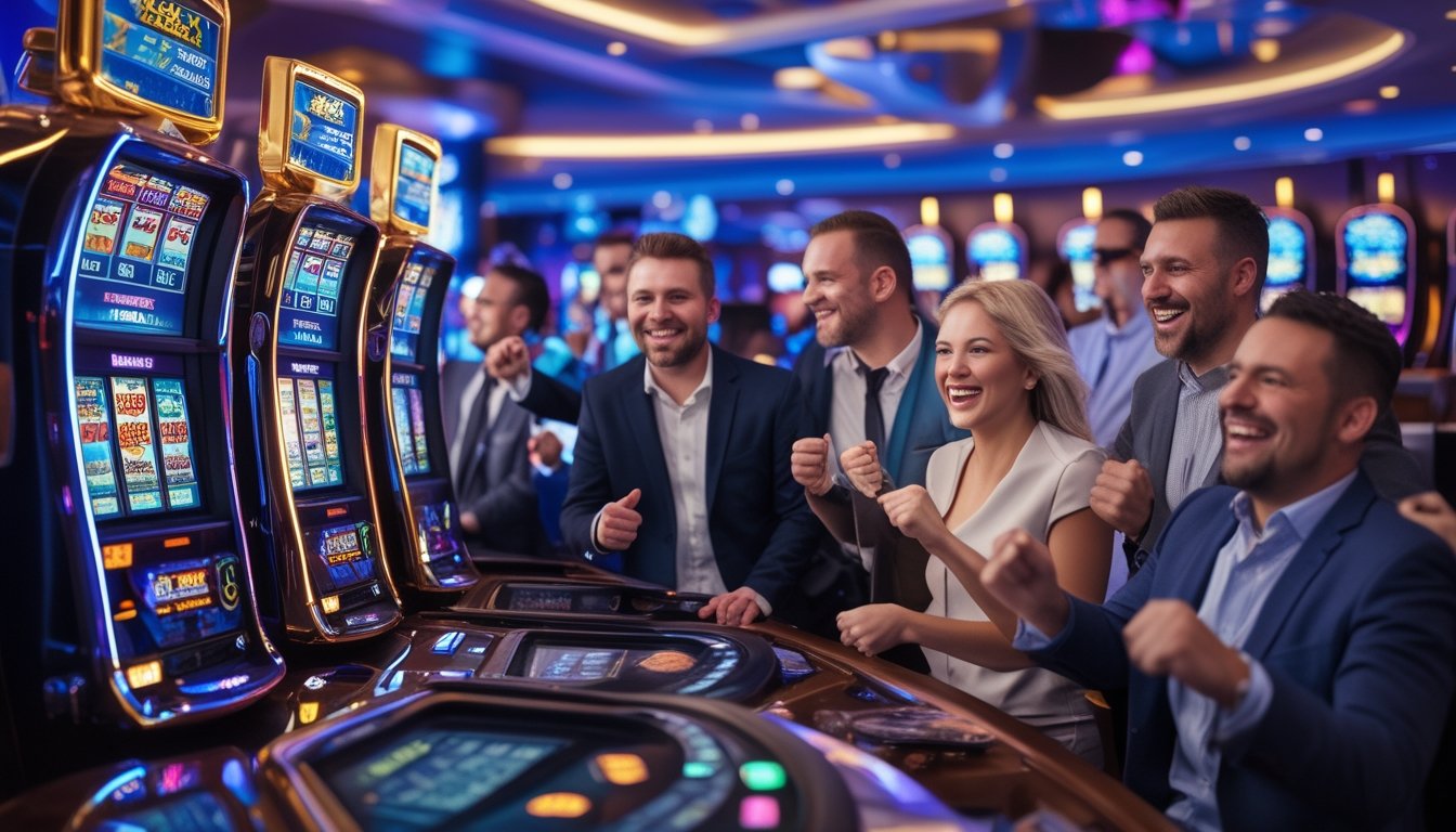 Sejumlah orang bermain mesin slot di kasino yang cerah dan modern dengan suasana meriah dan penuh semangat.