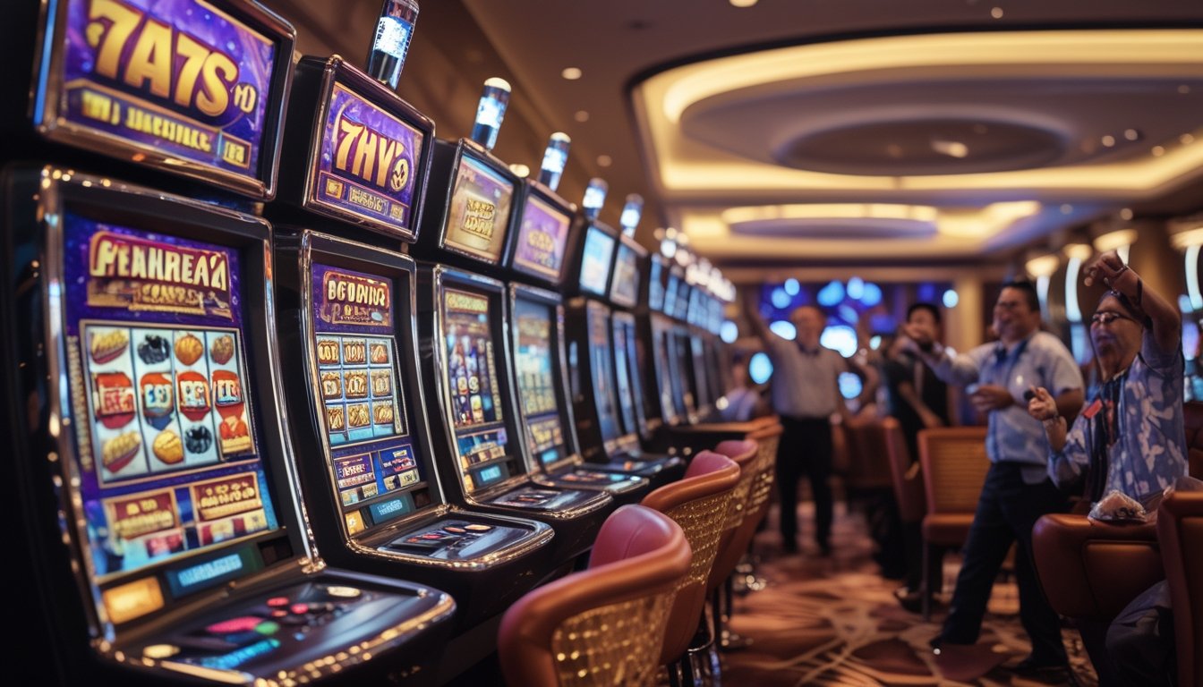 Orang-orang bermain mesin slot berwarna-warni di dalam kasino yang terang dan modern dengan suasana penuh semangat.