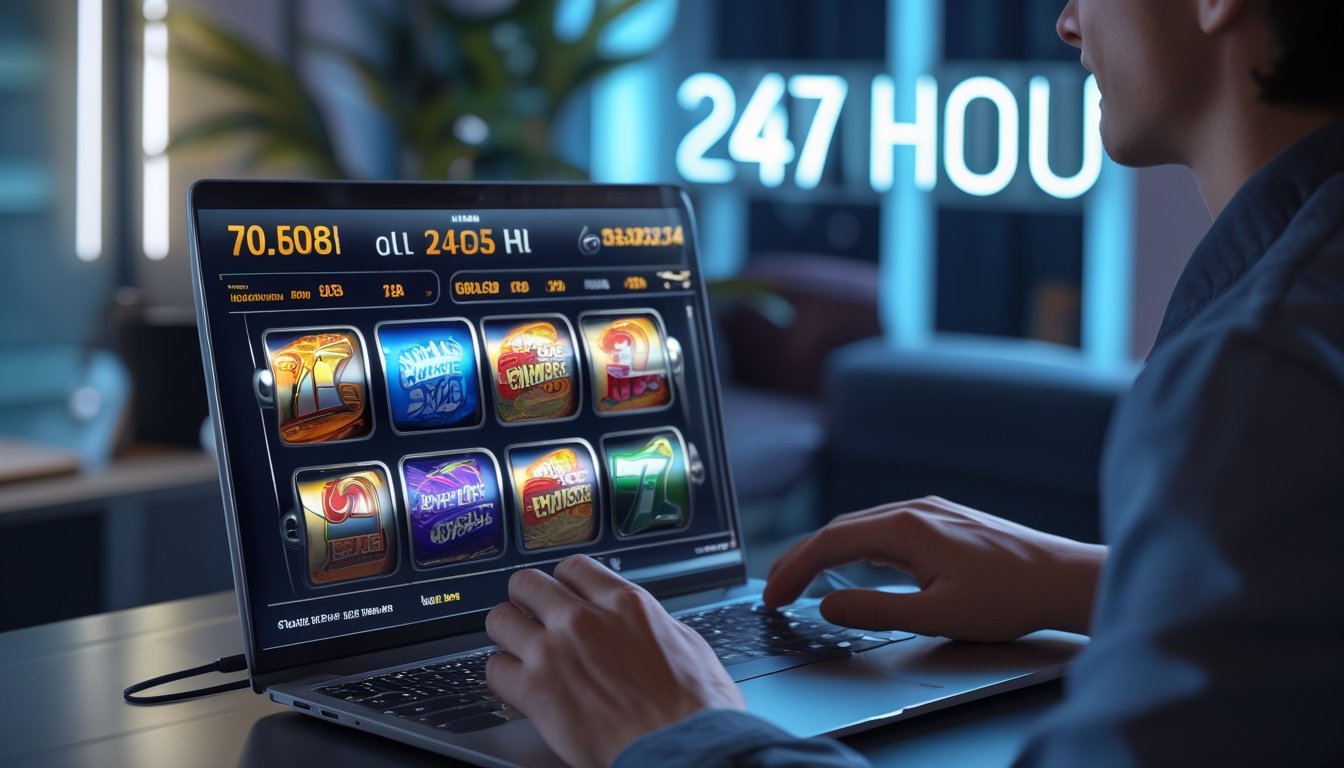Seseorang sedang bermain permainan slot online di laptop di ruang santai yang nyaman dengan suasana tenang dan pencahayaan hangat.
