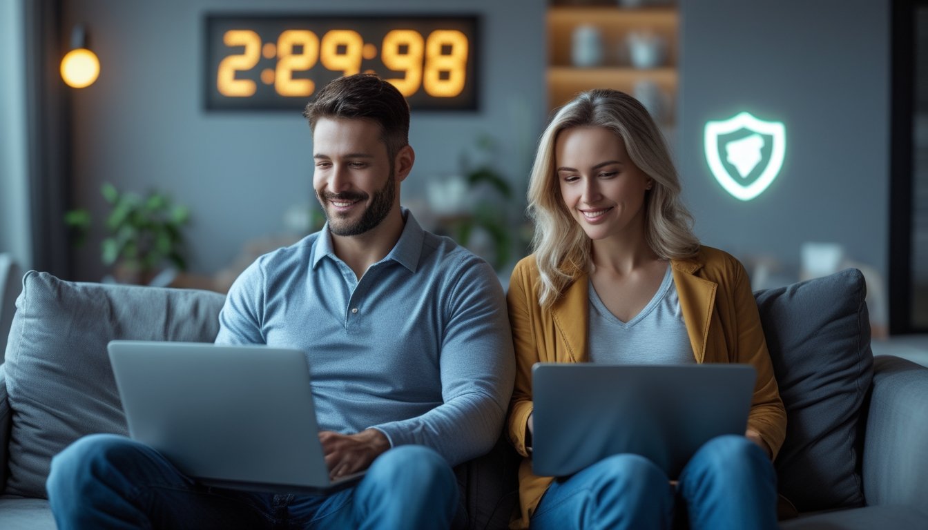 Seorang pria dan wanita dewasa duduk di ruang tamu modern sambil bermain permainan slot online di laptop dan ponsel mereka dengan suasana nyaman dan aman pada malam hari.