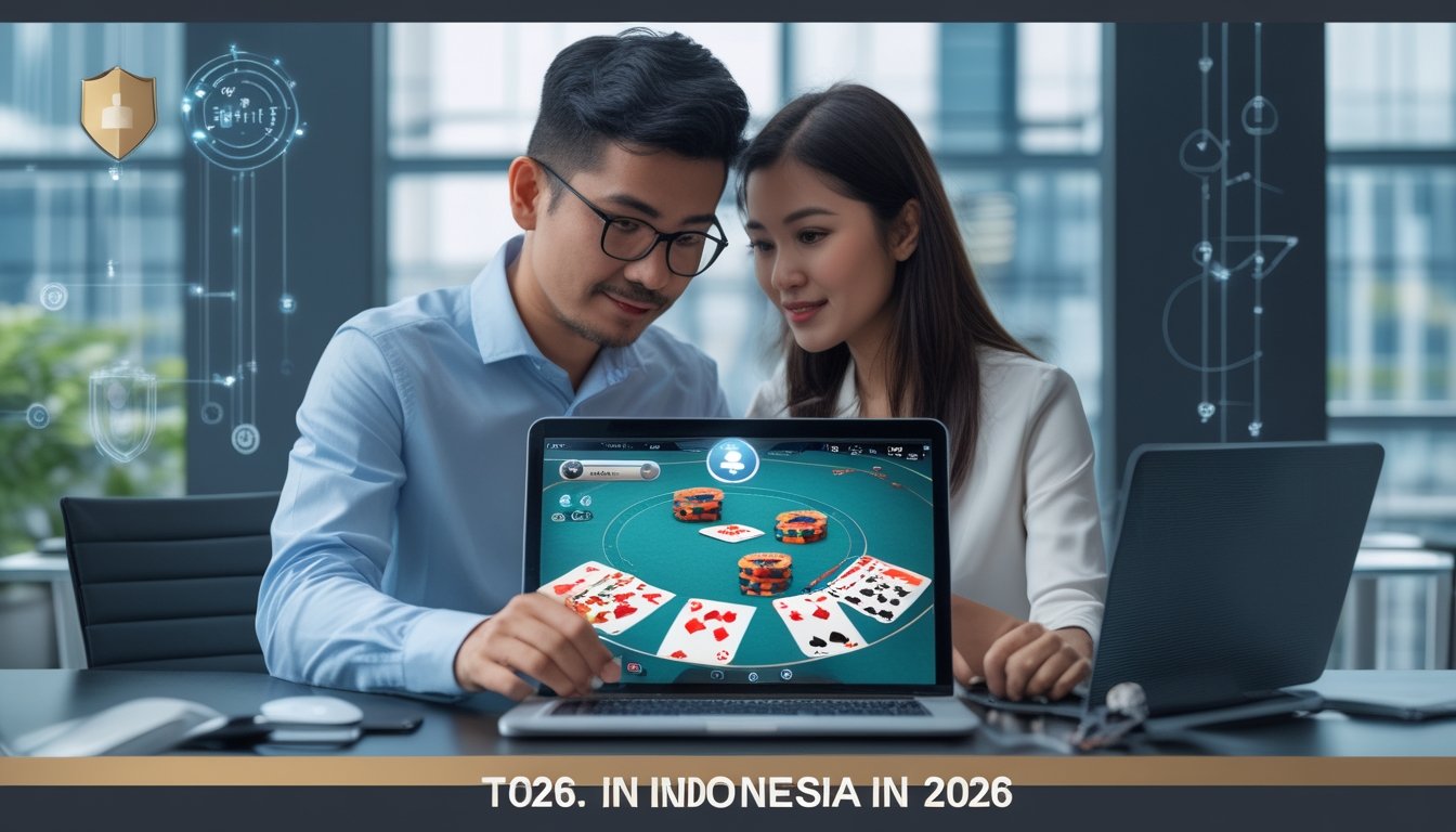 Seorang pria dan wanita sedang melihat layar laptop dengan permainan poker digital di kantor modern yang terang.