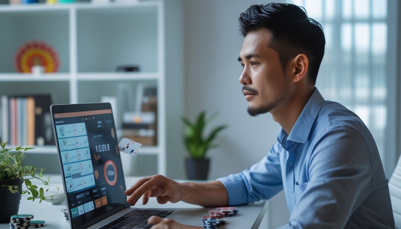 Seorang pria Asia Tenggara duduk di meja dengan laptop yang menampilkan permainan poker, dikelilingi chip poker dan kartu, di sebuah ruang kantor yang terang dan rapi.