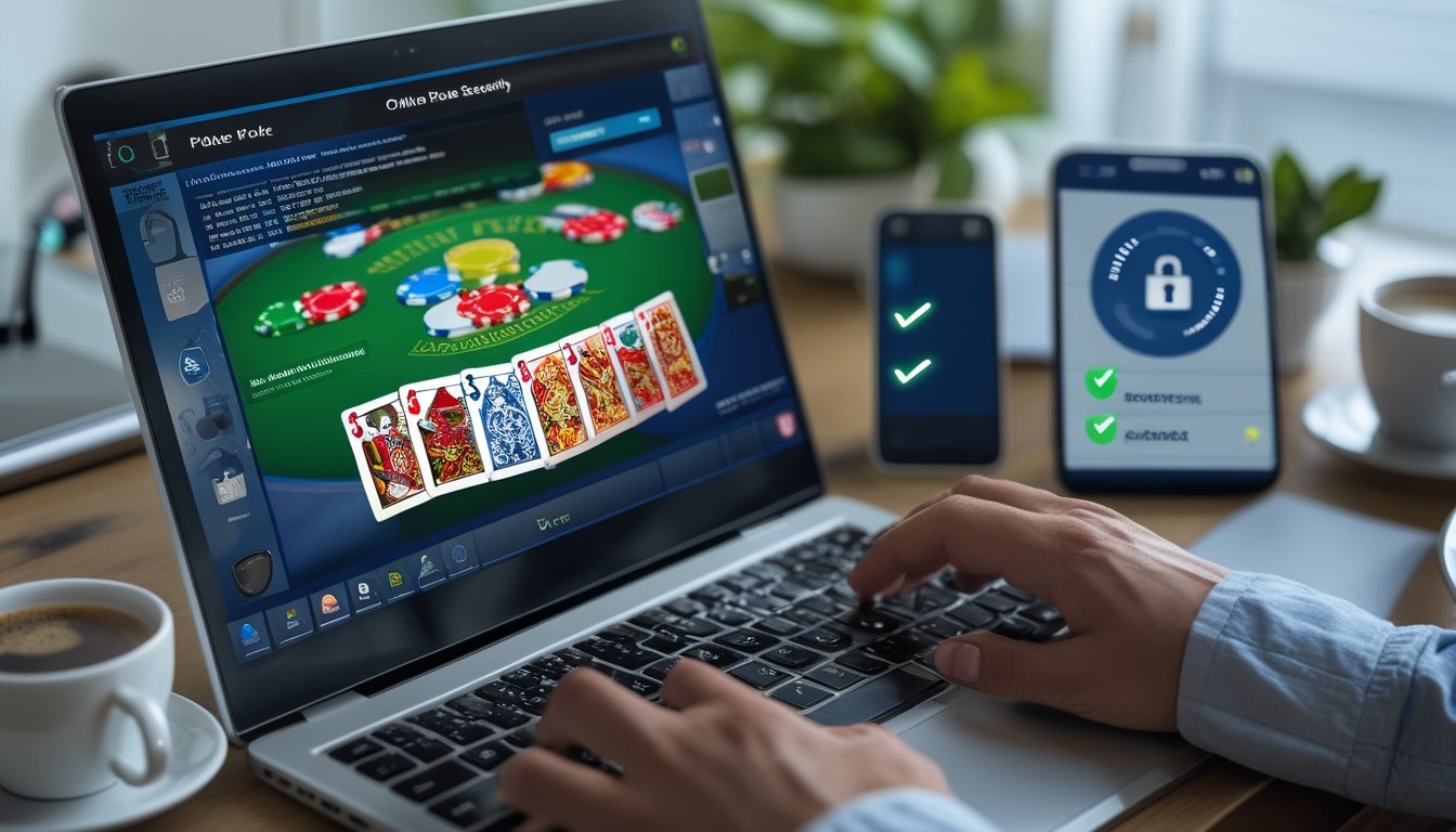 Sebuah meja kerja dengan laptop yang menampilkan permainan poker online, tangan seseorang sedang mengetik, serta ikon keamanan di layar ponsel dan daftar periksa di meja.