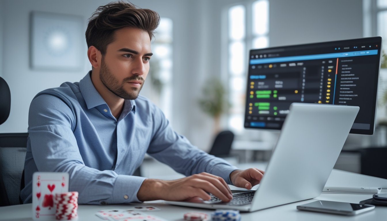 Seseorang duduk di meja dengan laptop, fokus menganalisis data poker online di ruang kantor yang terang dan rapi.