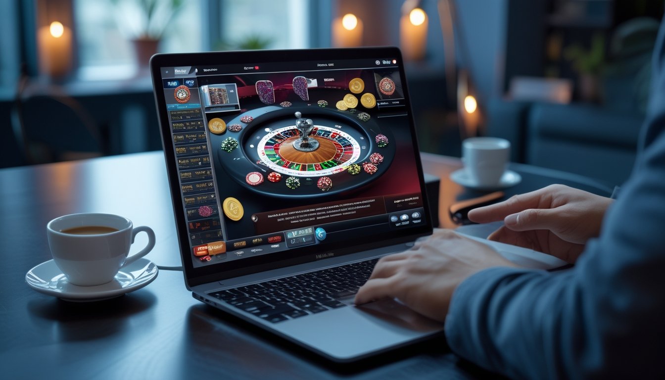 Seorang pemain sedang bermain poker online di komputer dengan tumpukan chip dan kartu di layar dalam ruangan yang nyaman.