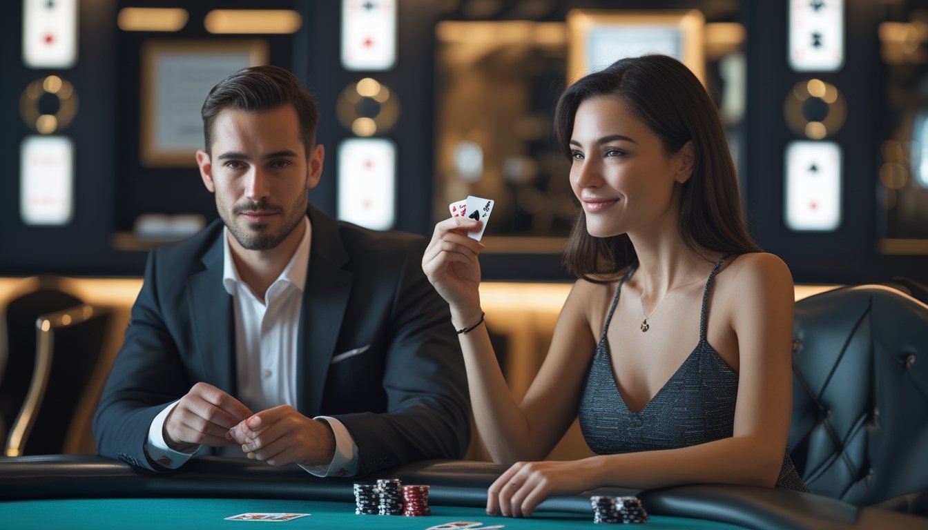 Seorang pria dan wanita duduk di meja poker modern di dalam kasino mewah, menunjukkan suasana aman dan profesional.