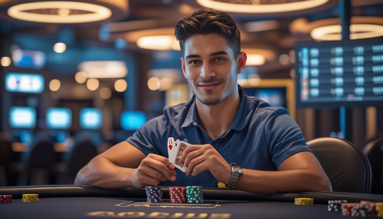Seorang pria muda duduk di meja poker dengan kartu di tangan, di latar belakang terdapat chip poker dan layar digital yang menunjukkan statistik poker online.