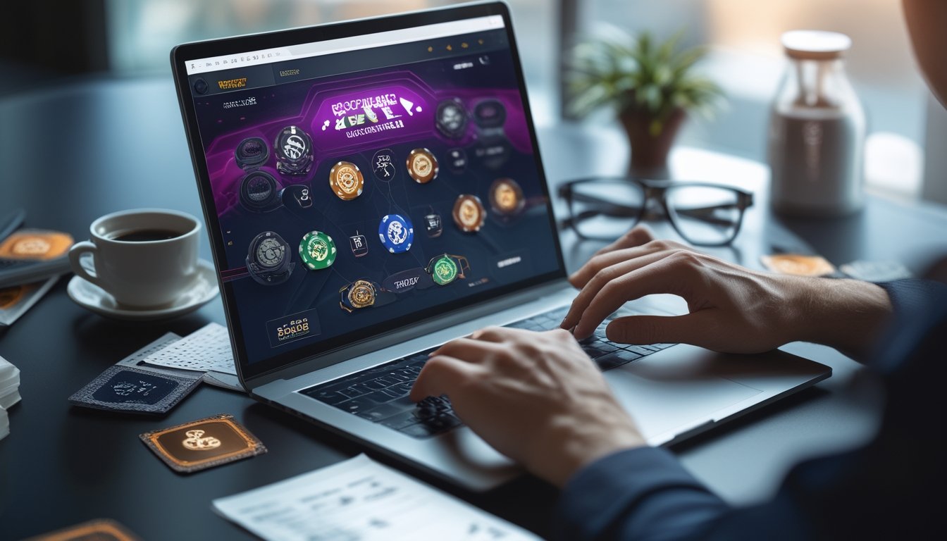 Seorang pemain sedang bermain poker online di depan komputer dengan kartu dan chip poker digital terlihat jelas.