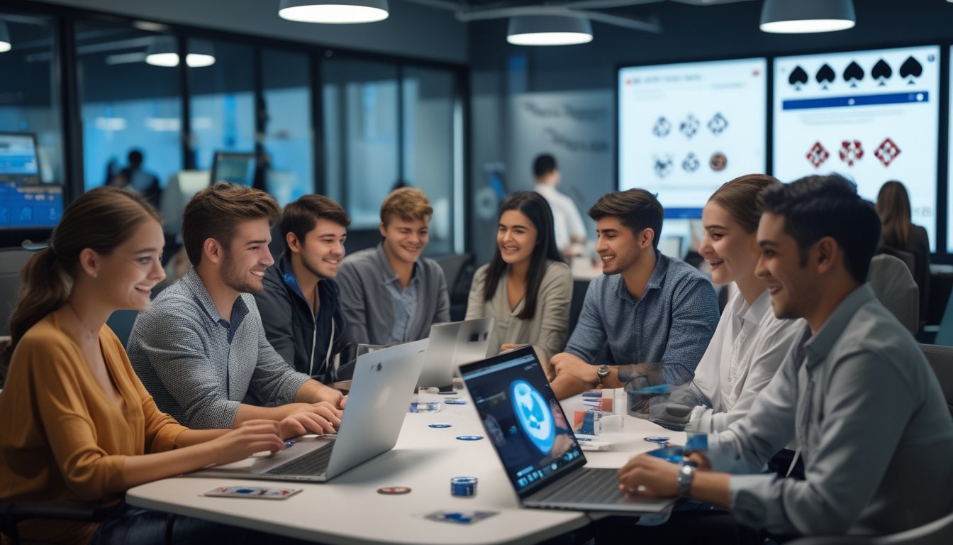 Sekelompok orang muda sedang bermain poker online di meja dengan laptop dan ponsel di ruangan kantor yang terang.